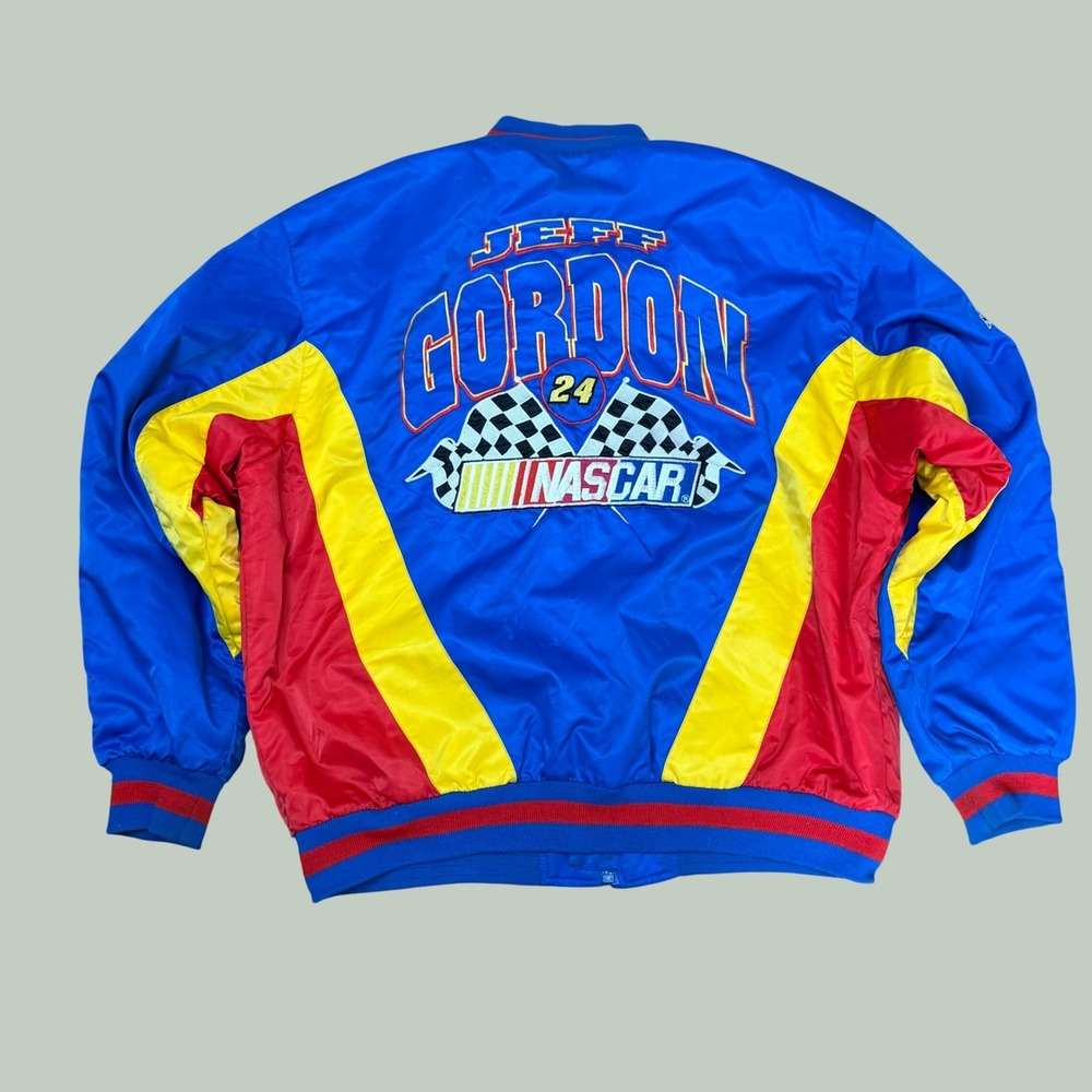 Vintage Nutmeg NASCAR Jeff Gordon 24 Bomber Jacket Blue Red Yellow Mens XL